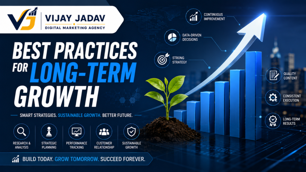 Long-term business growth banner featuring an upward growth chart, plant, and digital marketing strategy for sustainable business success.