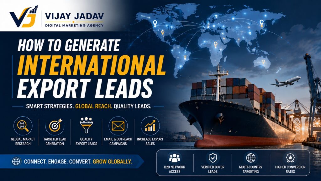 International export lead generation banner featuring a global trade network, cargo ship, world map, airplane, and digital marketing strategy for export businesses.